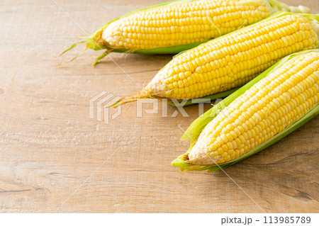 fresh corn on wood background fresh corn on wood background 113985789