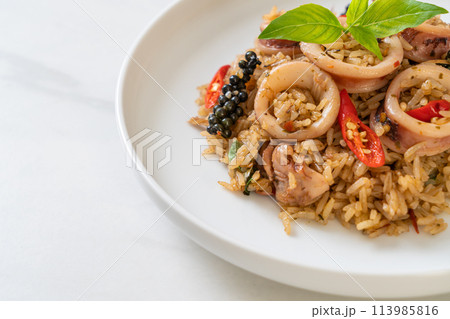 Basil and Spicy Herb Fried Rice with Squid or Octopus Basil and Spicy Herb Fried Rice with Squid or Octopus 113985816