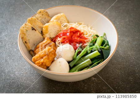 egg noodles with fish balls and shrimp balls in pink sauce, Yen Ta Four or Yen Ta Fo egg noodles with fish balls and shrimp balls in pink sauce, Yen Ta Four or Yen Ta Fo 113985850