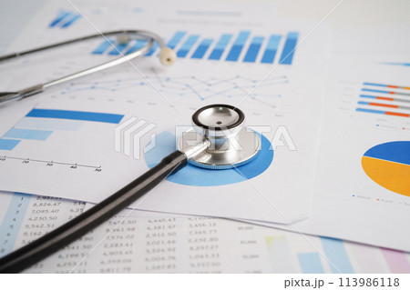 Stethoscope and US dollar banknotes on chart or graph paper, Financial, account, statistics and business data  medical health concept. 113986118