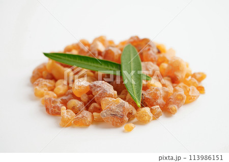 Frankincense or olibanum aromatic resin isolated on white background used in incense and perfumes. 113986151