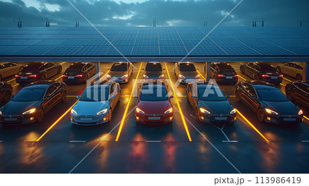 ソーラーパネルの屋根の駐車場 113986419
