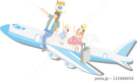 トラベル　夏　人物　家族　ファミリー　飛行機　旅行　アイソメトリック風　イラスト素材 113986658