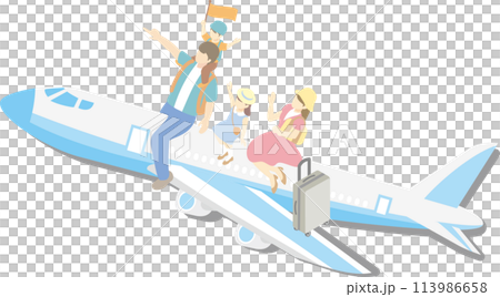 トラベル　夏　人物　家族　ファミリー　飛行機　旅行　アイソメトリック風　イラスト素材 113986658