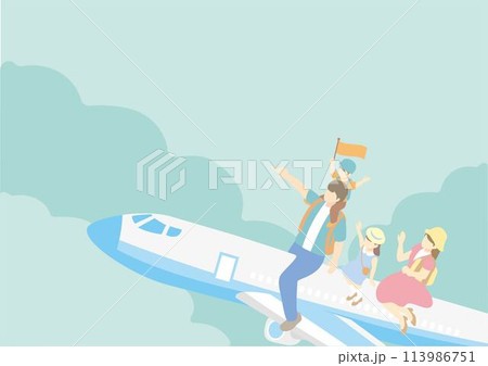 トラベル　夏　フレーム　人物　家族　ファミリー　飛行機　トラベル　アイソメトリック風　イラスト素材 113986751