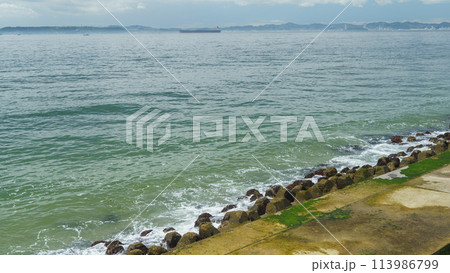 【千葉県富津市】富津岬の海と消波ブロック(海の向こうは三浦半島) 113986799