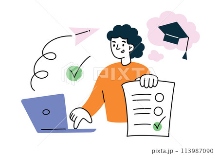 Student passing online test, apply to college composition, girl sending application form to university, exam composition, doodle icon of graduation hat, vector illustration of person working on laptop 113987090
