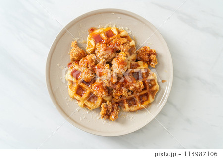 fried chicken with waffle and cheese fried chicken with waffle and cheese 113987106