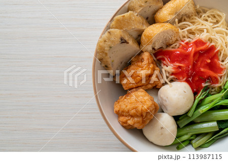 egg noodles with fish balls and shrimp balls in pink sauce, Yen Ta Four or Yen Ta Fo egg noodles with fish balls and shrimp balls in pink sauce, Yen Ta Four or Yen Ta Fo 113987115
