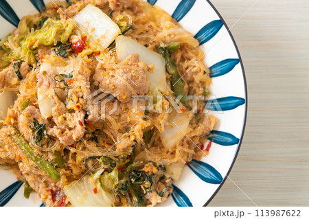 Stir-Fried Thai Styled Sukiyaki or Stir-fried vermicelli with pork and vegetables in sukiyaki sauce Stir-Fried Thai Styled Sukiyaki or Stir-fried vermicelli with pork and vegetables in sukiyaki sauce 113987622