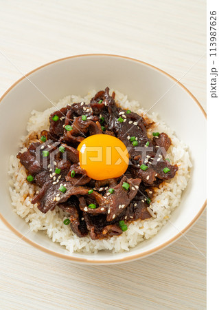 Rice with Soy-Flavoured Pork or Japanese Pork Donburi Rice with Soy-Flavoured Pork or Japanese Pork Donburi 113987626