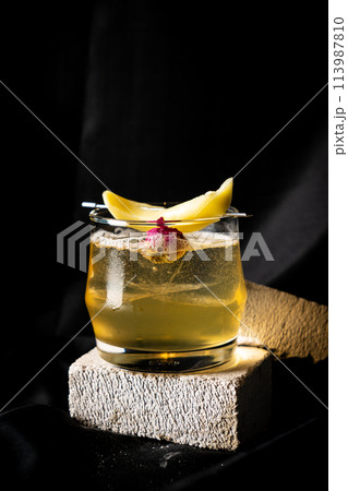 cocktail - bourbon, homemade pickle mango and star gooseberry, orange bitter, sparking wine, lime juice 113987810