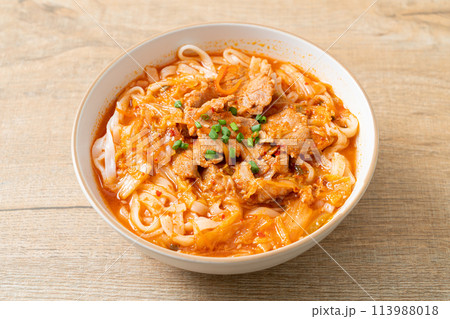 Korean udon ramen noodles with pork in kimchi soup Korean udon ramen noodles with pork in kimchi soup 113988018