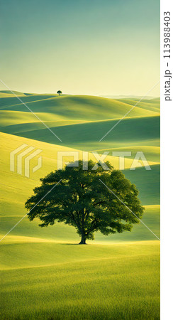 Bright sunlight over serene landscape, minimalistic scenery with single tree 113988403