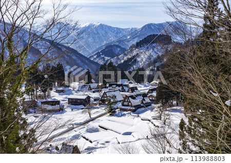 世界遺産　五箇山・相倉合掌造り集落の雪景色 113988803