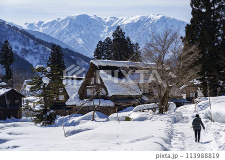 世界遺産　五箇山・相倉合掌造り集落の雪景色 113988819