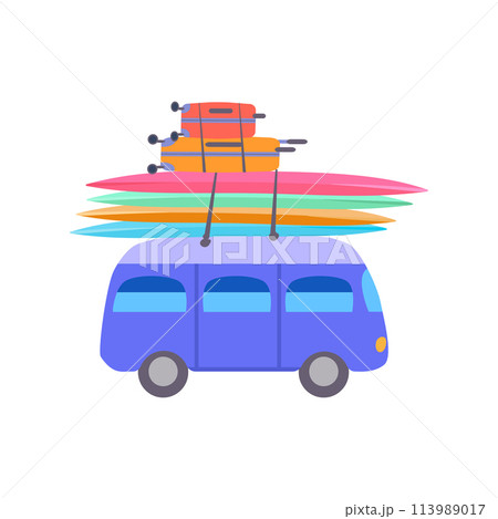Isolated cute retro Blue bus Yellow red suitcases Multicolored surfboards Flat vector print summer poster poster clothes paper Isolated cute retro Blue bus Yellow red suitcases Multicolored surfboards Flat vector print summer poster poster clothes paper 113989017