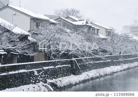雪が降る城下町金沢　主計町茶屋街と浅野川 113989066