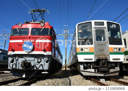 車両基地で並ぶEF81形電気機関車(寝台特急北斗星ヘッドマーク掲出)と211系電車 車両基地で並ぶEF81形電気機関車(寝台特急北斗星ヘッドマーク掲出)と211系電車 113989068