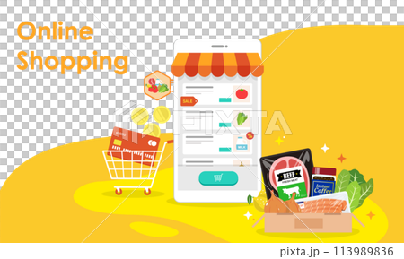 食品を購入できるオンラインスーパーのフラットなベクターイラスト 113989836
