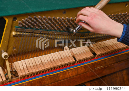 A tuner with an instrument in his hand while tuning the piano. 113990244