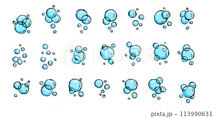Water bubble. Outline blue air soap. Sketch foam drawing. Aqua sparkle, doodle pure clean underwater gas. Set of Bath effect isolated on white 113990631
