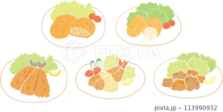手描き風の揚げ物料理のイラストセット 手描き風の揚げ物料理のイラストセット 113990932
