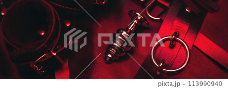 set of BDSM sex toys with handcuffs, butt anal plug for submission and domination on a red background 113990940