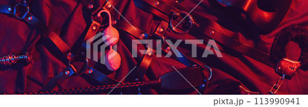 set of BDSM sex toys with handcuffs, whip flogger, butt anal plug for submission and domination on a red background 113990941