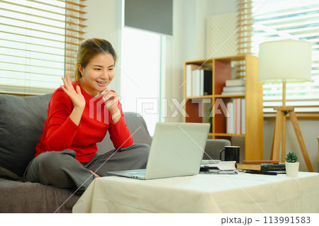 Cheerful young woman sitting on couch making video call with friends 113991583