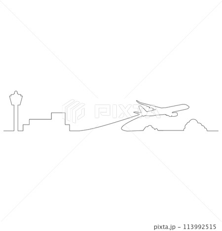 線で描かれたシンプルな飛行機と雲と管制塔のアウトラインスケッチのイラスト ベクター 線で描かれたシンプルな飛行機と雲と管制塔のアウトラインスケッチのイラスト ベクター 113992515