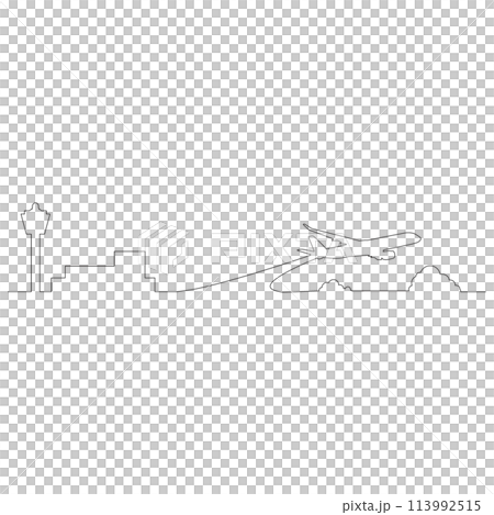 線で描かれたシンプルな飛行機と雲と管制塔のアウトラインスケッチのイラスト ベクター 線で描かれたシンプルな飛行機と雲と管制塔のアウトラインスケッチのイラスト ベクター 113992515