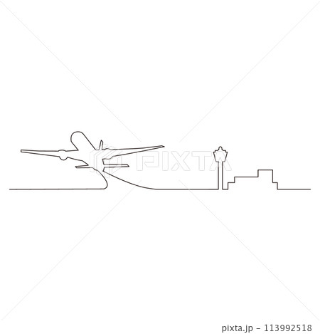 線で描かれたシンプルな飛行機と管制塔のアウトラインスケッチのイラスト　ベクター 113992518
