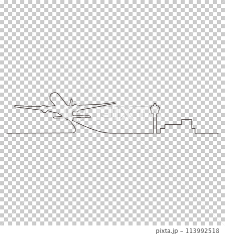 線で描かれたシンプルな飛行機と管制塔のアウトラインスケッチのイラスト　ベクター 113992518