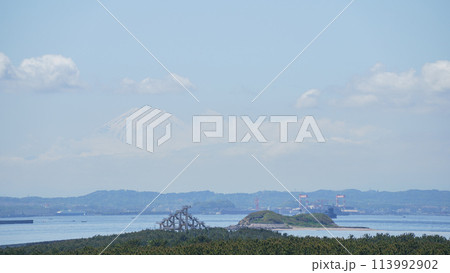 【千葉県富津市】富津岬(富津公園・明治百年記念展望塔)と富士山 113992902