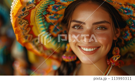 People dancing in the streets. Fiesta Celebration. Cinco de Mayo, Mexicans defining moment. Colorful decorations Realistic photo. 113993311