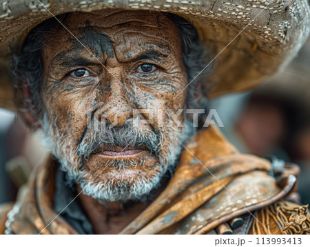 A split image with the battle scene on one side and a peaceful Mexican. Realistic photo. Cinco de Mayo is Mexican national holiday in honor of victory 113993413