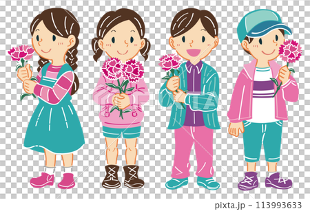 5月　母の日　カーネーションを持つ子どもたちのイラスト　 113993633