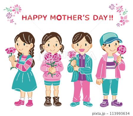 5月　母の日　カーネーションを持つ子どもたちのイラスト　 113993634