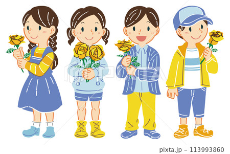 6月　父の日　黄色いバラを持つ子どもたちのイラスト 113993860