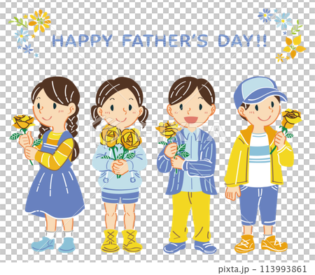June Father's Day Illustration of children holding yellow roses 113993861