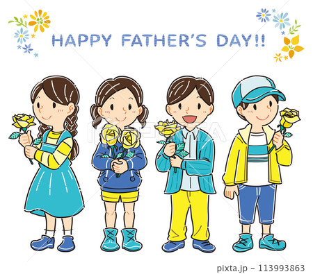 6月　父の日　黄色いバラを持つ子どもたちのイラスト 113993863