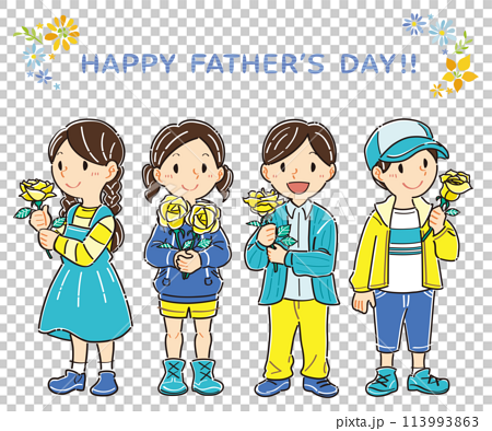 6月　父の日　黄色いバラを持つ子どもたちのイラスト 113993863