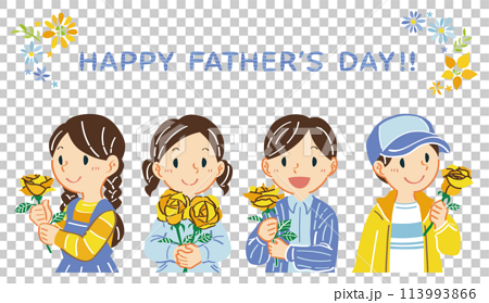 6月　父の日　黄色いバラを持つ子どもたちのイラスト 113993866