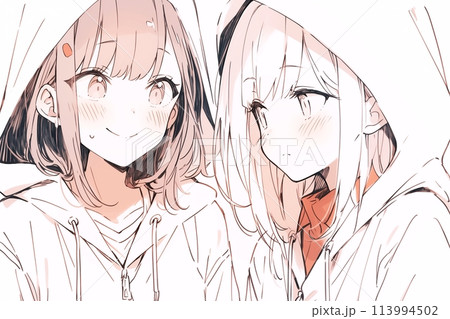 2人の女の子・白パーカー「AI生成画像」のイラスト素材 [113994502