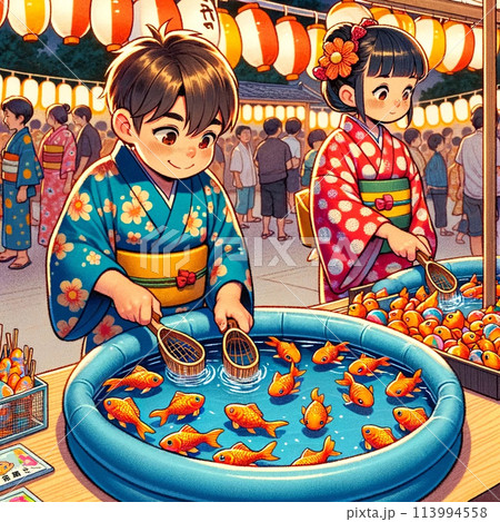 夏祭りに金魚掬いをする子供 113994558