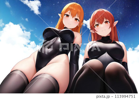 青空の高い場所からこちらを見下ろす黒ボンテージサキュバス二人組 113994751