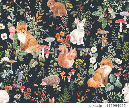 Large size wall mural with hand drawn watercolor forest animals and plants. Stock illustration. 113994965
