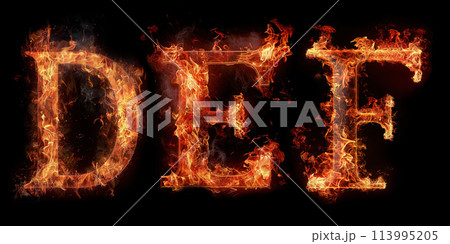 Fire letters DEF font alphabet made of burning letters on black background 113995205