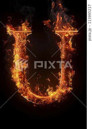 Fire letter U made of burning letters on black background 113995217